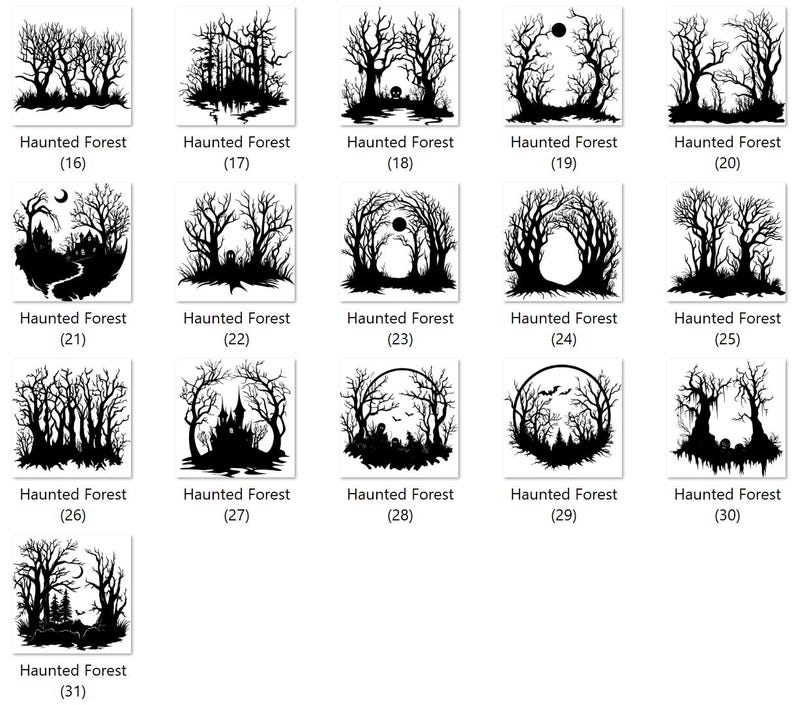 May include: A set of 31 black and white illustrations of haunted forests. Each image features a different spooky scene with trees, a moon, and other Halloween-themed elements.
