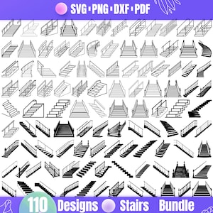 May include: A collection of 110 black and white line art designs of different styles of stairs. The designs are perfect for use in crafting, home decor, and other creative projects.
