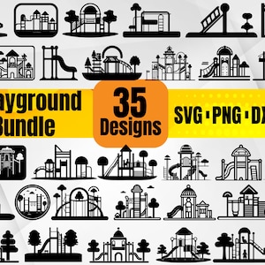 May include: A set of 35 black and white playground icon designs. The icons depict various playground equipment, such as swings, slides, monkey bars, and climbing structures. The text "Playground Bundle 35 Designs SVG PNG DXF EPS" is displayed at the bottom of the image.