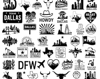 Dallas SVG-paket | 50 clipart-designer för Texas City | Big D-skyline och cowboywesternvektor | Dallas Strong | Dallas City | Tillverkad i Dallas