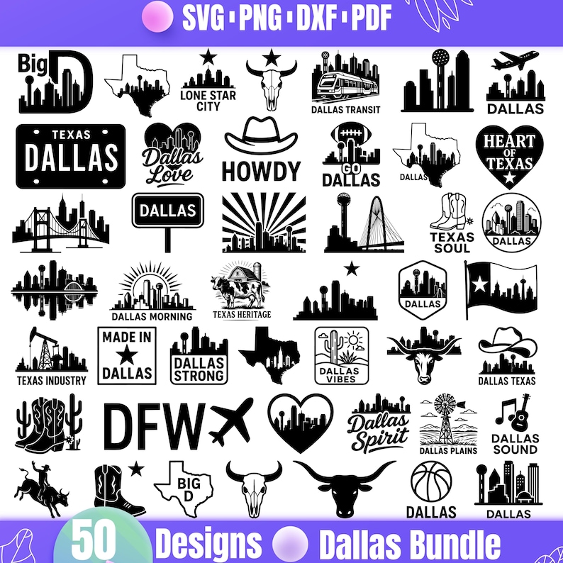Dallas SVG Bundle | 50 Texas City Clipart Designs | Big D Skyline ...