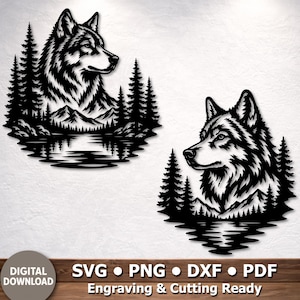 Op de afbeelding: Twee zwarte metalen wandkunstwerken met wolfprofielen tegen een bos- en berglandschap. Het ontwerp bevat bomen, een meer en de tekst "SVG • PNG • DXF • PDF Engraving & Cutting Ready."