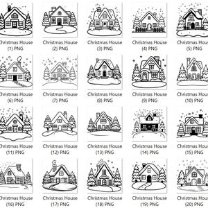 May include: Twenty black and white illustrations of Christmas houses with snow and trees. Each house has a unique design and is labeled with a number and the text "Christmas House".