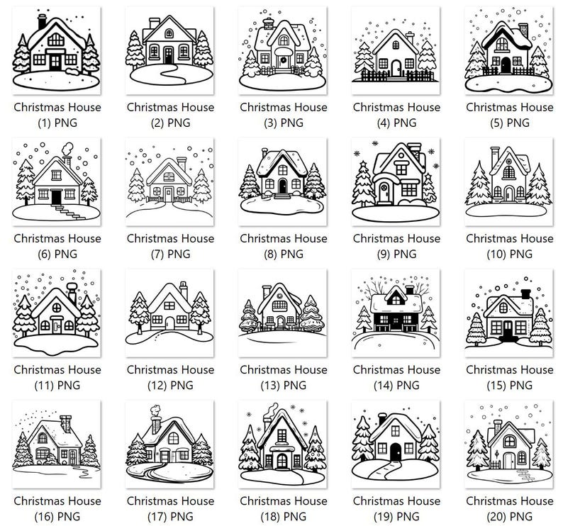 May include: Twenty black and white illustrations of Christmas houses with snow and trees. Each house has a unique design and is labeled with a number and the text "Christmas House".