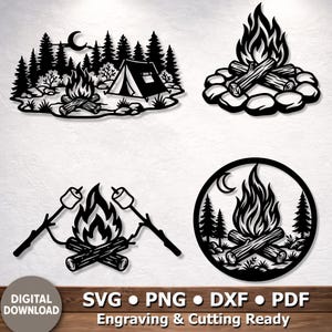Könnte beinhalten: Ein Set aus vier schwarzen Grafikdesigns mit Campingmotiven, darunter ein Zelt am Lagerfeuer im Wald, eine Feuerstelle aus Steinen, zwei am Stock geröstete Marshmallows und eine kreisförmige Szene mit einem Lagerfeuer unter einer Mondsichel.