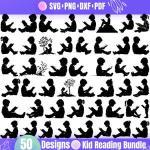 May include: A set of 50 black and white silhouette designs of children reading books. The designs are in various poses and include a few with trees. The text "50 Designs Kid Reading Bundle" is at the bottom of the image.