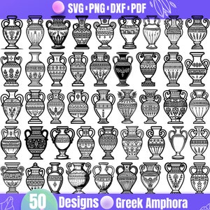 May include: A set of 50 black and white line art designs of Greek amphora, a type of ancient Greek pottery.