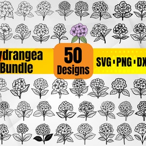 May include: A collection of 50 hydrangea designs in SVG, PNG, DXF, and EPS formats. The image features various black and white line drawings of hydrangea flowers, with one colored purple. Text on the image reads "Hydrangea Bundle" and "50 Designs."