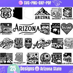Paquete SVG de Arizona, imágenes prediseñadas del desierto, archivos de corte de cactus y montañas, siluetas de estados de EE. UU., diseños para Cricut y sublimación