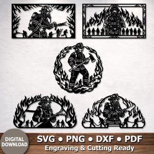 Puede incluir: Arte mural de metal negro que representa a bomberos en acción. Los diseños incluyen bomberos con hachas, mangueras y en medio de las llamas. La frase "DESCARGA DIGITAL" está en la esquina inferior izquierda, con "SVG • PNG • DXF • PDF Listo para grabar y cortar" debajo.