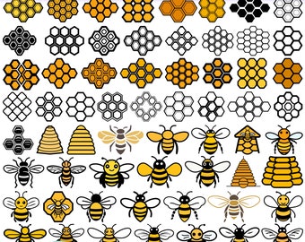 SVG-bundel bijen | 60 clipartontwerpen voor honingraat en bijenkorf | Bijenvectorset | Honingsilhouet