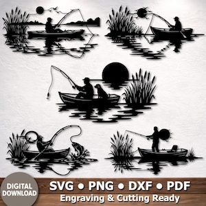 Peut inclure: Décoration murale en métal noir représentant des silhouettes de pêcheurs en bateau, avec des roseaux, le soleil et des reflets d'eau. L'image comprend le texte "DIGITAL DOWNLOAD" et les options de type de fichier : SVG, PNG, DXF et PDF.