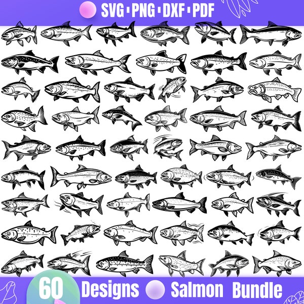 High Quality Salmon SVG Bundle, Salmon dxf, Salmon png, Salmon vector, Salmon clipart, Salmon designs, Fishing svg, Salmon Fishing svg