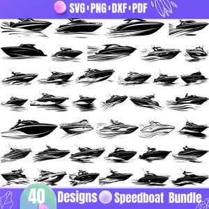 May include: A set of 40 black and white speedboat silhouette designs. The speedboats are in various positions and angles, some are in motion and some are stationary. The designs are perfect for use in crafting projects, scrapbooking, or digital design.