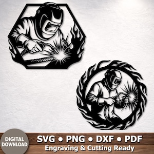 May include: Black metal wall art featuring two welder designs. One is hexagonal, the other circular, both with a welder figure surrounded by flames and sparks. The text "SVG PNG DXF PDF Engraving & Cutting Ready" is at the bottom.