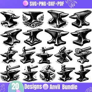 May include: A collection of 20 black and white anvil designs in various styles. Some designs include hammers. The image also contains the text "SVG PNG DXF PDF" and "20 Designs Anvil Bundle".