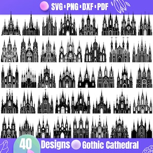 May include: A set of 40 black and white silhouette designs of Gothic cathedrals. The designs are perfect for crafting, scrapbooking, and other creative projects.