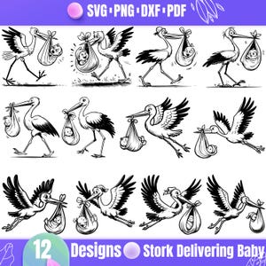 Paquete SVG de cigüeña entregando bebé de alta calidad, cigüeña y bebé svg, cigüeña llevando bebé, bebé nuevo svg, bebé llegado svg, cigüeña linda svg