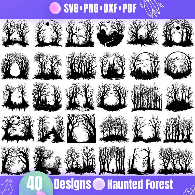May include: 40 black and white silhouette designs of haunted forests. The designs feature various trees, branches, and other spooky elements.