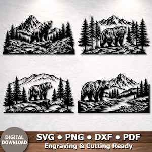 May include: Four black metal wall art pieces featuring bear and mountain scenes. Each piece depicts a bear in a forest or mountain setting. The text "DIGITAL DOWNLOAD" and file type options are at the bottom.