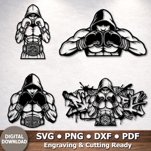 May include: A set of four black and white digital graphic designs featuring boxers in hooded sweatshirts and boxing gloves. Three designs show a champion belt, and one design includes graffiti-style lettering. The text reads Digital Download.