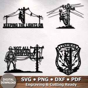 Könnte beinhalten: Vier Wandkunststücke aus schwarzem Metall mit Freileitungsarbeitern und Stromleitungen. Eines lautet "KEEPING THE LIGHTS ON". Ein anderes sagt "NOT ALL HEROES WEAR CAPES". Das dritte ist ein Lineman-Schild mit dem Wort "HERO".