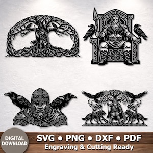 Könnte beinhalten: Vier Wandkunststücke aus schwarzem Metall mit Wikinger- und nordischen Mythologiethemen. Designs umfassen eine Wikingerfigur in einem Baum, einen sitzenden König, einen Krieger mit Raben und einen Krieger mit Wölfen. Der Text "DIGITAL DOWNLOAD" und Dateitypoptionen sind ebenfalls vorhanden.