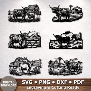 Skotsk boskapsskötsel SVG DXF, skotsk boskap och ladugårdssilhuett för laserskärning, bondgårdsväggkonst för Glowforge