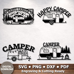 Könnte beinhalten: Vier Wandkunst-Designs aus schwarzem Metall mit Wohnwagen, Kiefern, Bergen und Lichterketten. Der Text lautet Happy Camper oder Camper. Unten steht Digital Download, SVG, PNG, DXF, PDF, Engraving & Cutting Ready.