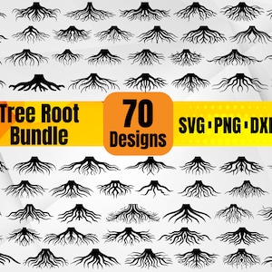May include: A set of 70 black and white tree root illustrations. The illustrations are in a variety of styles and sizes. The text "Tree Root Bundle 70 Designs SVG PNG DXF EPS" is at the top of the image.