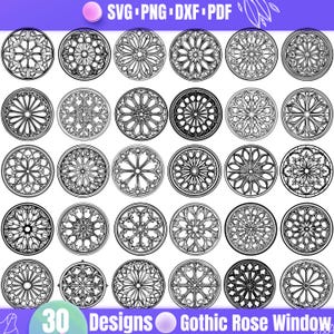 高品質のゴシック ローズ ウィンドウ SVG バンドル、丸い窓 dxf、丸い窓 png、丸い窓のベクトル、丸い窓のクリップアート、中世のステンド グラス