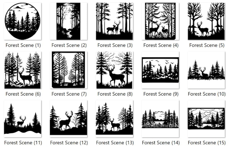 Puede incluir: Quince ilustraciones en blanco y negro de escenas de bosque con ciervos. Cada escena presenta una disposici&oacute;n diferente de &aacute;rboles, follaje y ciervos.