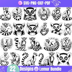 May include: A set of 22 black and white lemur illustrations. The lemurs are in various poses, including sitting, standing, and climbing. The illustrations are perfect for use in crafting projects, scrapbooking, or digital design.