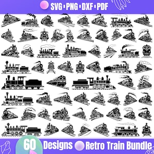May include: A set of 60 black and white retro train silhouette designs. The designs are ideal for crafting, scrapbooking, and other creative projects.