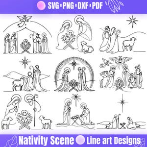 Hochwertige Krippe Linie Kunst Bundle, Einfache Krippe svg, Jesus Geburt svg, Krippenclipart, Krippenszene png, Krippenszene dxf