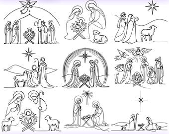 High Quality Nativity Scene Line Art Bundle, Simple nativity svg, Jesus birth svg, Nativity clipart, Nativity scene png, Nativity scene dxf