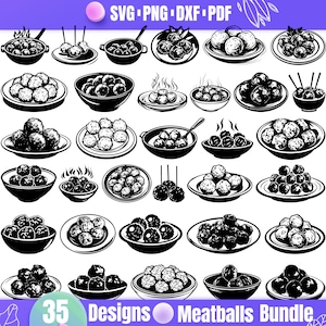 Pacote de Almôndegas SVG | 35 Designs de Clipart de Alimentos para Cricut e Sublimação | Estilo Espaguete, Asiático e Aperitivo | svg png dxf pdf