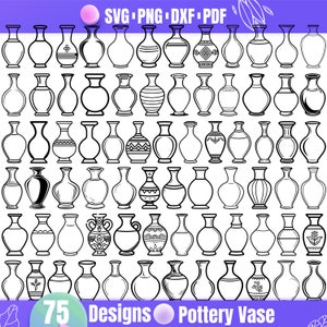 May include: 75 black and white outline designs of pottery vases in various shapes and sizes.  The designs are perfect for crafting, scrapbooking, and other creative projects.