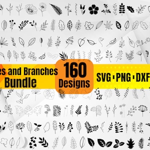 May include: A black and white graphic design bundle of 160 leaves and branches. The bundle includes SVG, PNG, DXF, and EPS file formats.