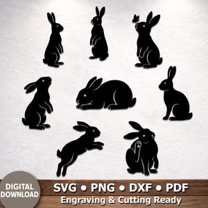Pode incluir: Silhuetas pretas de coelhos em várias poses, incluindo em pé, sentados e saltando. A imagem inclui o texto "DOWNLOAD DIGITAL" e opções de tipo de arquivo: SVG, PNG, DXF e PDF. O texto "Pronto para gravação e corte" também está presente.