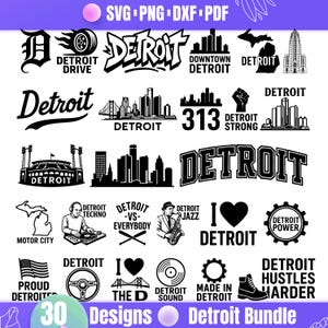 Detroit SVG-bundel | 30 skyline- en logo-ontwerpen van Motor City | Detroit Strong | Gemaakt in Detroit | Ik hou van Detroit | Stadssilhouet
