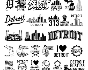 Detroit SVG-Bundle | 30 Motor City Skyline & Logo Designs | Detroit Stark | Hergestellt In Detroit | Ich liebe Detroit | Silhouette einer Stadt