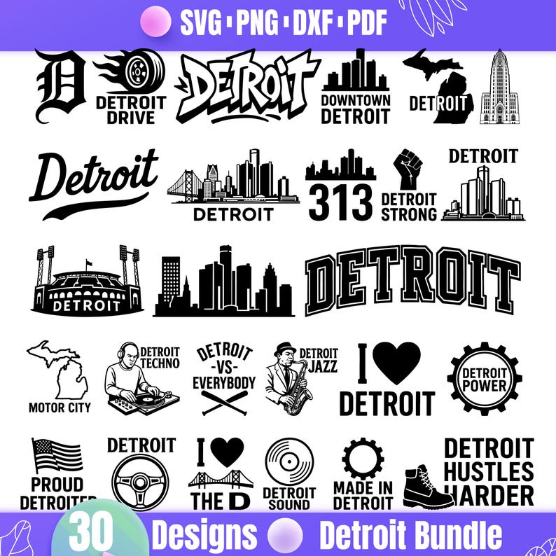 K&ouml;nnte beinhalten: Eine Sammlung von 30 Designs zum Thema Detroit in Schwarz und Wei&szlig;. Enth&auml;lt Text- und grafische Elemente wie die Skyline von Detroit, das Wort "Detroit" in verschiedenen Schriftarten und den Satz "Detroit Hustles Harder."