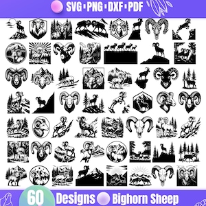 Op de afbeelding: Een verzameling van 60 zwart-witte ontwerpen van bighorn schapen in SVG-, PNG-, DXF- en PDF-formaten. De ontwerpen bevatten verschillende illustraties van bighorn schapen, waaronder silhouetten, berglandschappen en gedetailleerde portretten.