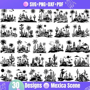 May include: A set of 30 black and white silhouette designs featuring Mexican scenes. Each design includes a church, cacti, palm trees, and other elements. The designs are perfect for crafting, scrapbooking, and other creative projects.