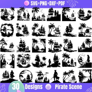 May include: A set of 30 black and white silhouette designs featuring pirate ships, palm trees, and islands. The designs are perfect for creating crafts, scrapbooking, or digital projects.