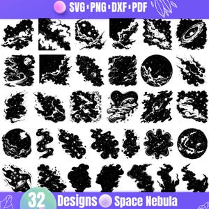 Puede incluir: Un conjunto de 32 diseños de nebulosas espaciales en blanco y negro. Los diseños presentan nubes de gas y polvo que se arremolinan, estrellas, planetas y galaxias. Los diseños son perfectos para usar en proyectos de manualidades, scrapbooking y diseño digital.