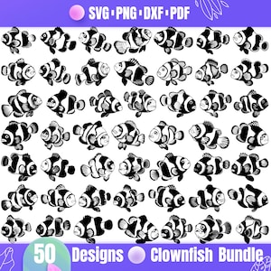 50 Clownfish Bundle SVG  | Black and White Vector Fish Designs | Digital Cut Files for Cricut & Silhouette | Aquarium Fish Clipart Set