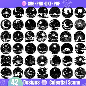 May include: A set of 42 black and white celestial scene designs featuring moons, stars, and landscapes. The designs are perfect for creating crafts, cards, and other projects.
