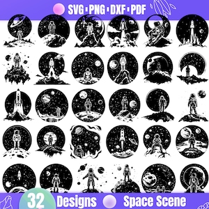 May include: A set of 32 black and white space scene designs featuring astronauts, rockets, planets, and stars. The designs are perfect for creating t-shirts, mugs, stickers, and other crafts.